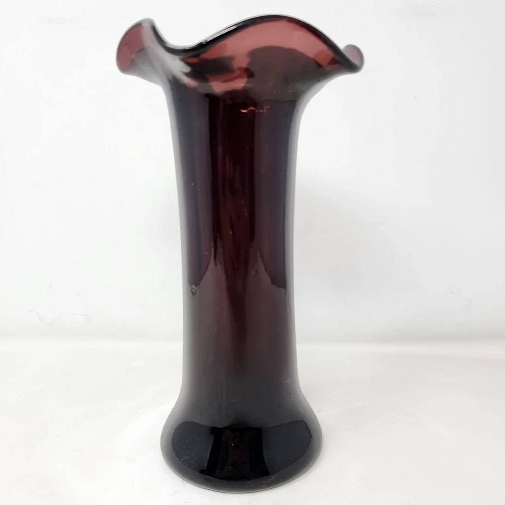 Vintage Amethyst Purple Art Glass Ruffled Trumpet Vase Hand Blown 10 Inch